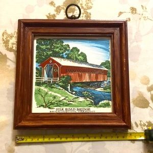 Vintage Porcelain Covered Bridge Tile/Trivet with Wood Frame
